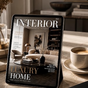 May include: A digital tablet displaying the cover of a magazine titled INTERIOR, featuring the text LUXURY HOME, 2024/01 SPRING, and various interior design headlines. The screen shows a living room with a curved sofa, coffee table, and lamp.