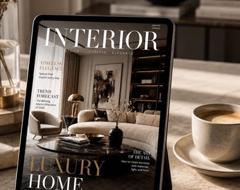 Könnte beinhalten: Ein digitales Tablet, das das Cover eines Magazins mit dem Titel INTERIOR anzeigt, inklusive des Textes LUXURY HOME, 2024/01 SPRING und verschiedener Schlagzeilen zum Innendesign. Der Bildschirm zeigt ein Wohnzimmer mit geschwungenem Sofa.