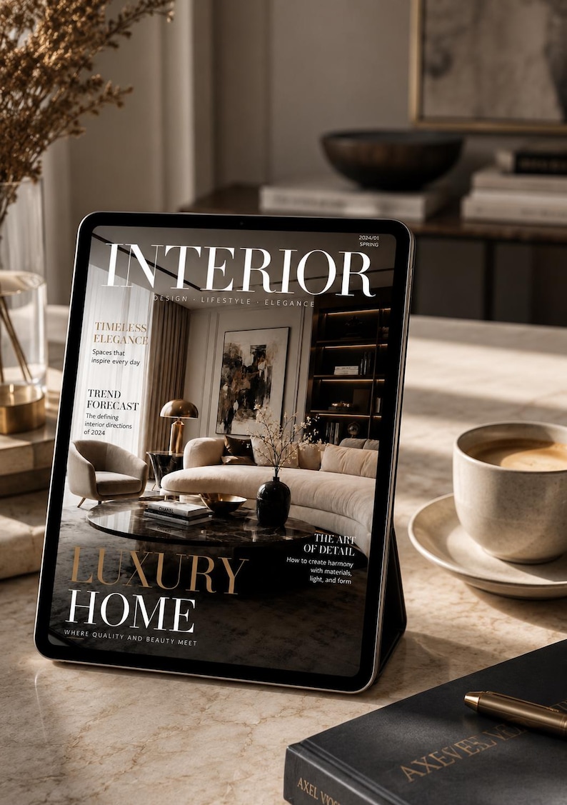 May include: A digital tablet displaying the cover of a magazine titled INTERIOR, featuring the text LUXURY HOME, 2024/01 SPRING, and various interior design headlines. The screen shows a living room with a curved sofa, coffee table, and lamp.
