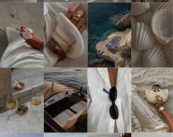 May include: A collage of images featuring a variety of summer and vacation-themed items. Includes a woman in white clothing, a straw hat, sunglasses, seashells, a boat, a beach, cocktails, and a scenic coastal view.