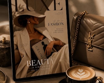Könnte beinhalten: Ein Tablet mit einem Magazin-Cover namens LUXE, eine taupefarbene gesteppte Ledertasche mit goldenem Logo, eine schwarze Kaffeetasse mit Latte-Art auf einer passenden Untertasse und eine Schildpatt-Sonnenbrille auf einer hellen Oberfläche.