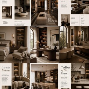 May include: A multi-panel interior design collage featuring neutral-toned living spaces, including a bedroom, home office, bathroom, and kitchen, with text overlays such as Warm Minimalism, Timeless Living, and Layered Textures in a beige color palette.