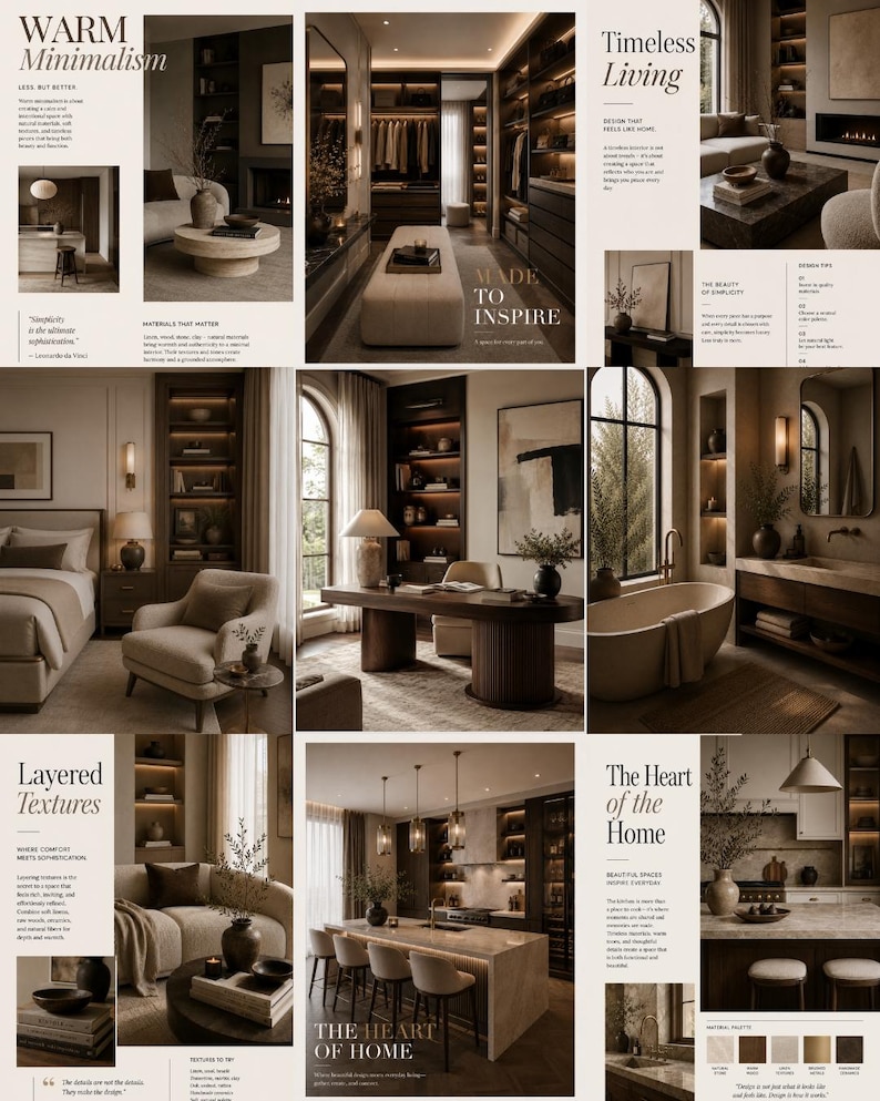 May include: A multi-panel interior design collage featuring neutral-toned living spaces, including a bedroom, home office, bathroom, and kitchen, with text overlays such as Warm Minimalism, Timeless Living, and Layered Textures in a beige color palette.