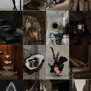 Könnte beinhalten: Eine Collage von Bildern mit Luxus-Thema. Enthält eine Frau in einem schwarzen Kleid, eine Skulptur, eine Frau in einem Auto, einen Pelzmantel, ein schwarzes Auto, ein verziertes Gebäude, Kaffee, Dessous, eine Uhr, Champagnergläser, eine Handtasche, eine Person in schwarzer Kleidung, einen Spiegel, eine Yacht, eine Tasche mit Accessoires und eine Straße.