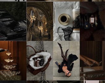 May include: A collage of images with a luxury theme. Includes a woman in a black dress, a sculpture, a woman in a car, a fur coat, a black car, an ornate building, coffee, lingerie, a watch, champagne glasses, a handbag, a person in a black outfit, a mirror, a yacht, a bag with accessories, and a road.