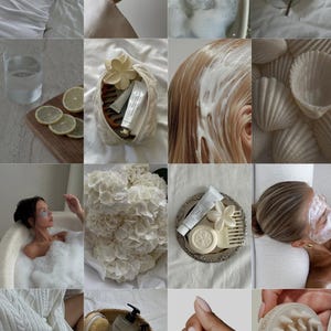 Könnte beinhalten: Eine Collage von Bildern mit Schönheits- und Körperpflegeprodukten. Enthält eine Hand, die Creme aufträgt, eine Person in einem Schaumbad, einen Korb mit Hautpflegeartikeln und eine Hand mit Maniküre. Weitere Bilder zeigen Tee, Zitronen und Haarpflege.