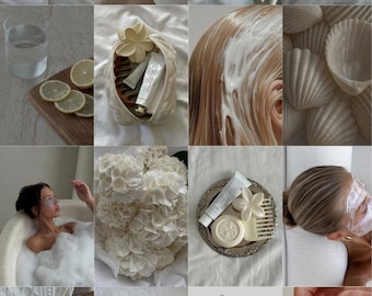 May include: A collage of images featuring self-care and beauty products. Includes a hand applying cream, a person in a bubble bath, a basket with skincare items, and a hand with manicured nails. Other images show a cup of tea, lemons, and hair care.