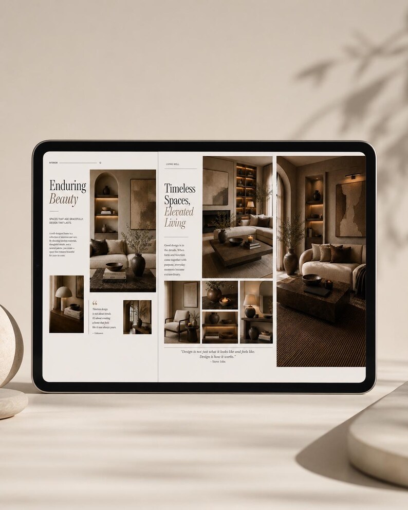 May include: A digital tablet displaying a magazine layout with the text Enduring Beauty and Timeless Spaces, Elevated Living. The pages feature multiple photographs of neutral-toned interior living spaces with furniture, decor, and soft lighting.