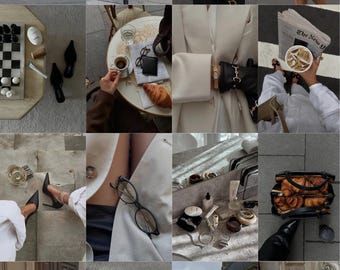 Könnte beinhalten: Eine Collage von Lifestyle-Bildern mit verschiedenen Objekten und Szenen. Enthält einen gelben Roller, einen Strauß weißer Blumen, ein Schachbrett, Kaffee, Croissants und Modeaccessoires. Die Bilder haben eine neutrale Farbpalette.