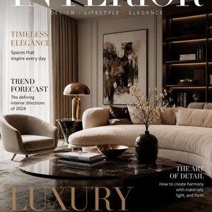 May include: A magazine cover titled INTERIOR 2024/01 SPRING featuring a living room with a cream-colored curved sofa, a round dark marble coffee table, a gold lamp, a black vase with branches, and a large abstract painting on the wall.