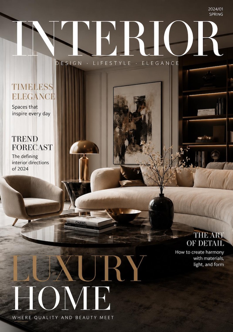 May include: A magazine cover titled INTERIOR 2024/01 SPRING featuring a living room with a cream-colored curved sofa, a round dark marble coffee table, a gold lamp, a black vase with branches, and a large abstract painting on the wall.