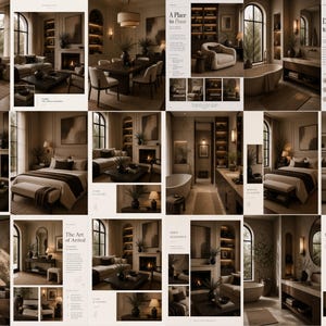 May include: A multi-panel interior design catalog featuring various rooms including living areas, bedrooms, and bathrooms. The images display neutral color palettes, arched windows, built-in shelving, and furniture with clean lines and soft textures.