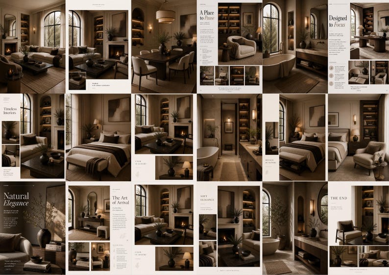May include: A multi-panel interior design catalog featuring various rooms including living areas, bedrooms, and bathrooms. The images display neutral color palettes, arched windows, built-in shelving, and furniture with clean lines and soft textures.
