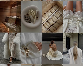 May include: A collage of images in a neutral color palette. Featured are a lit candle, architectural details, a woman looking out a window, ice cream, a sauna, beauty products, macarons, lingerie, a fur coat, a gold bracelet, a pleated dress, a woman with a ponytail, a dress, perfume, and a vintage Porsche.