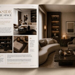 May include: A magazine spread featuring interior design photography. The left page displays the text INSIDE THE SPACE and various room vignettes. The right page shows a living room with a curved beige sofa, a dark stone coffee table, and shelving.