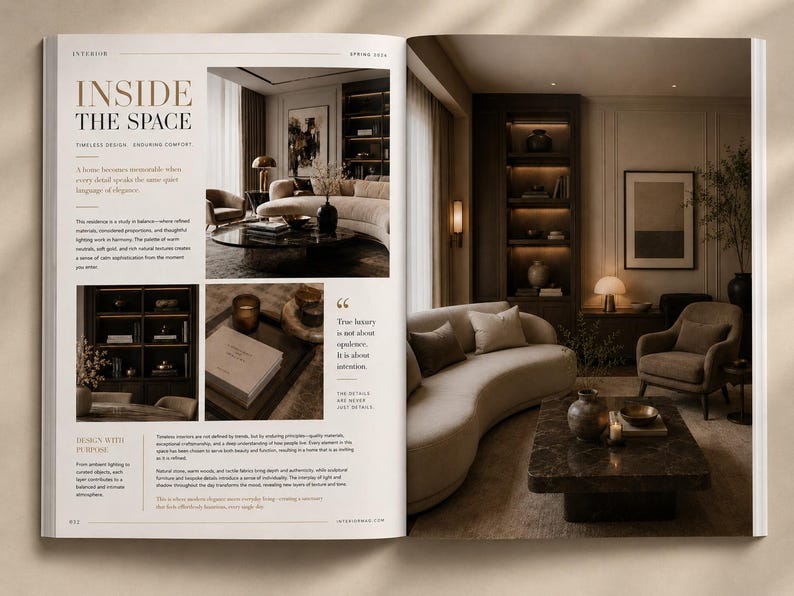 May include: A magazine spread featuring interior design photography. The left page displays the text INSIDE THE SPACE and various room vignettes. The right page shows a living room with a curved beige sofa, a dark stone coffee table, and shelving.
