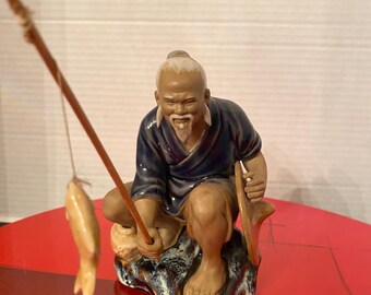 Vintage Ceramic Glazed Shiwan Chinese Mudman Fisherman Rod & Fish Figurine