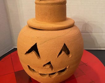 Vintage Hewell Pottery Terracotta Primitive Halloween Jack o Lantern Pumpkin