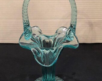 Fenton Art Glass Blue Basket Vase with Twisted Handle