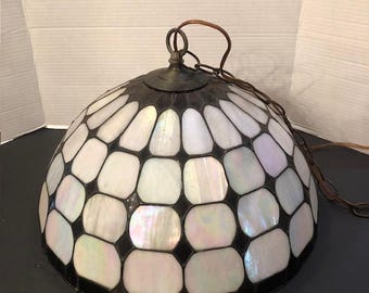 Vintage Tiffany Style Slag Glass Capiz Mother of Pearl Hanging Pendant Lamp with Chain