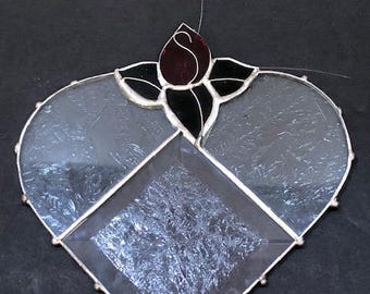 Vintage Suncatcher Stained Glass Red Tulip Flower Heart Shaped