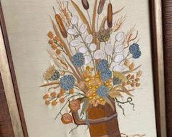 Vintage 1970s Paragon Crewel Embroidered Fall Bouquet Wooden Frame MCM Boho