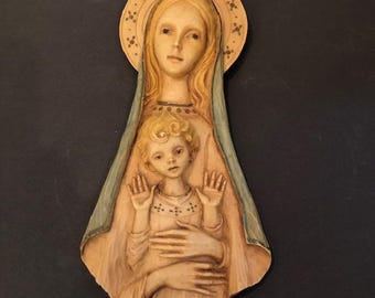 Placa vintage única de MCM de la Virgen María y el Niño Jesús de 26 cm - Fabricada en Italia
