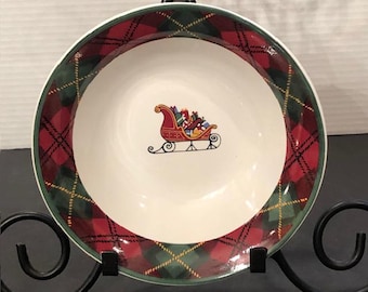 Set of 4 - Vintage Block Father Christmas Cereal Soup Bowl Santa Sleigh Red Green Tartan Plaid Border 1995