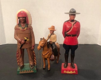Vintage 1950s Reliable Canada Plastic Figures Toys Cowboy Horse Mountie Policeman Indian with Headdress