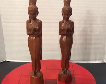 Vintage Wooden Figurines: Thai Teak Wood Statues Women Greeters Praying Hands Home Decor