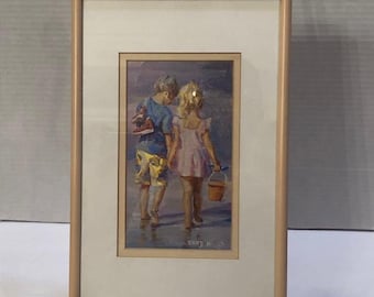 Vintage Lucelle Raad Signed Framed Art Print Lithograph Boy Girl Beach "Harmony" - 7" x 11"
