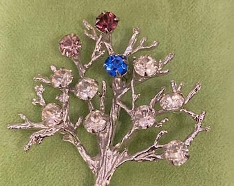 Vintage "Tree of Life" Sterling Silver Brooch Pin Rhinestones Mother's Day Family