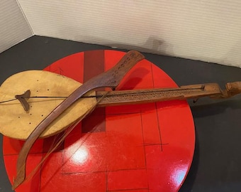 Antique Hand Carved Wooden String Instrument Horse Head top and Bow