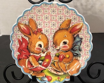 Vintage Mr. Christmas Ceramic Bunnies Salad Plate Pink Blue Scalloped Edge