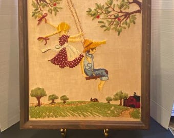 Vintage Folk Art Framed Needlepoint Crewel Embroidered Rural Landscape Farm Kids Swinging