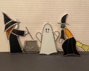 Lot of 3 - Vintage Handmade Stained Glass Halloween Display Witches & Ghost