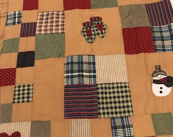 Vintage Christmas Snowman Shower Curtain Quilted Patchwork Squares Applique Primitive Rustic
