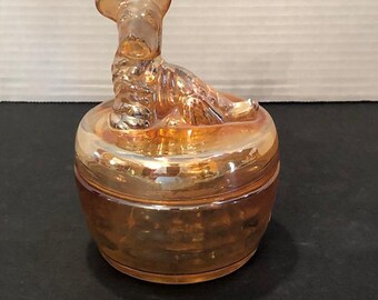 Vintage Jeanette Glass Marigold Carnival Glass Scottie Dog Powder Trinket Jar Jewelry Box