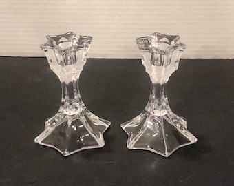 Set of 2 - Vintage DePlomb 24% Lead Crystal Star Shaped 4" Candlestick Holders