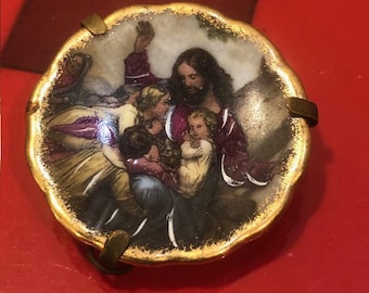 Vintage MCM Limoges Miniature Porcelain Jesus & Children Collector's Plate Scalloped Gold Trim Edge