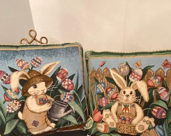 Set of 2 - Vintage Laurie Korsgaden Embroidered Tapestry Throw Pillows Easter Bunny