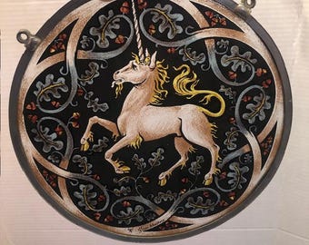 Vintage Glassmasters Stained Glass Unicorn Art - 7.5"D - Marked