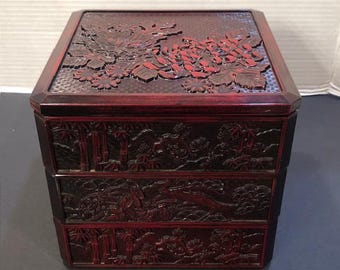 Vintage Japanese Stacking Trinket Box 3 Levels Burgundy Merlot