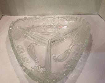 Mikasa Heavy Frosted Crystal Peacock Pattern Etched Serving Platter Dip Dividers