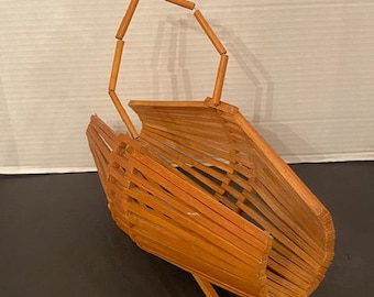 Vintage MCM Style Boho Chic Folding Bamboo Wood Fruit Basket