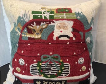 Pottery Barn Crewel Embroidered Pillow Case Christmas Santa Reindeer Road Trip 18x18