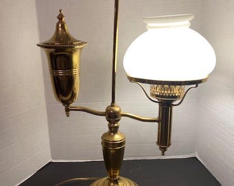 Vintage Brass Student Lamp Milk Glass Shade Victorian Farmhouse
