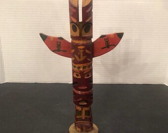 Vintage Native American Painted Hand Carved Wooden Totem Pole 10.5" with Owls