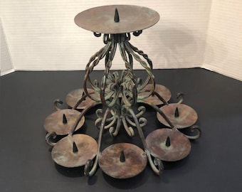 Vintage Rustic 9 Pillar Candles Multi-Tier Wrought Iron Candelabra Weathered Patina