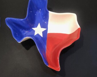 Vintage 2003 Clay Art Ceramic Texas Shaped Dish Bowl Lone Star Flag Pattern